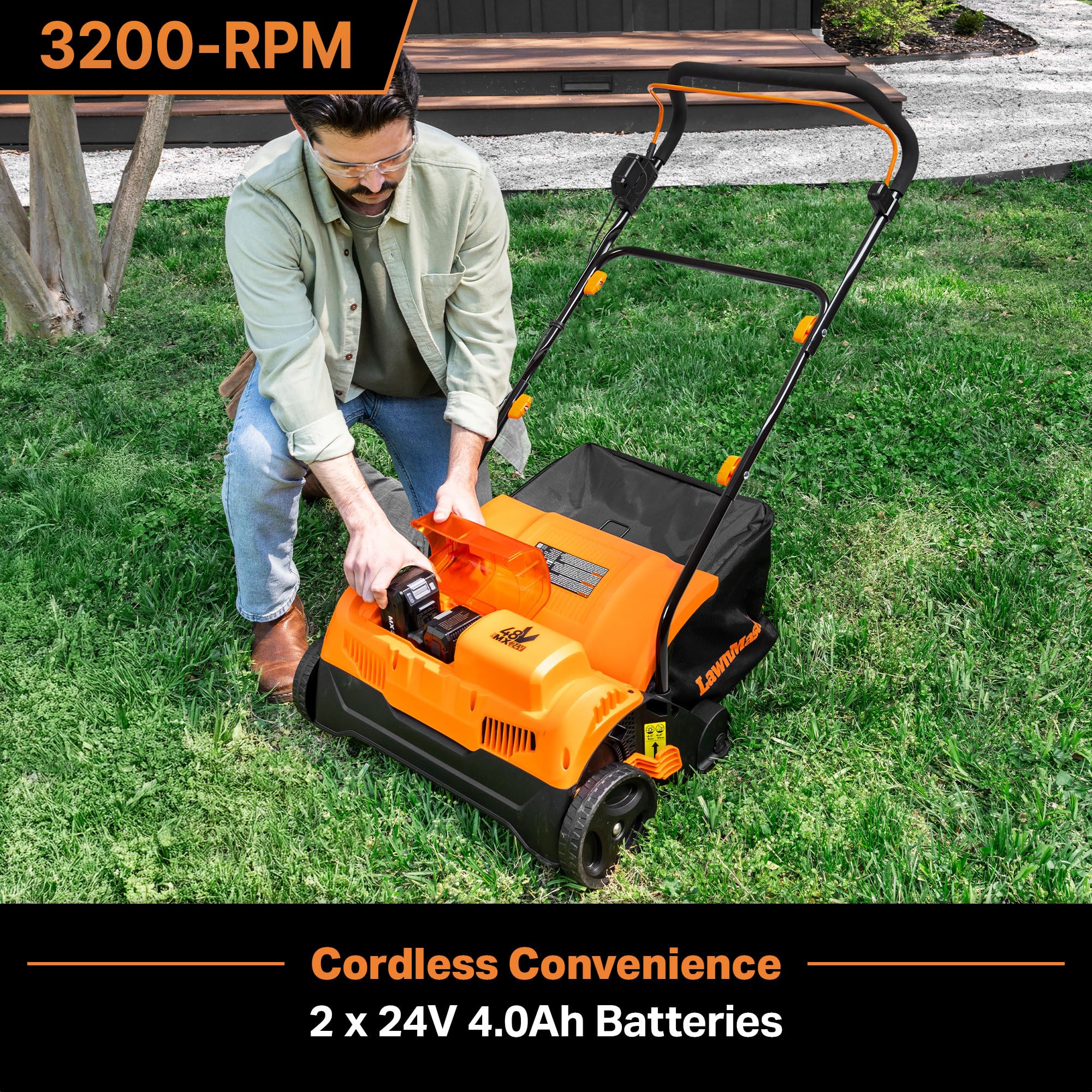 LawnMaster with 12-gallon collection bag attached for neat debris capture