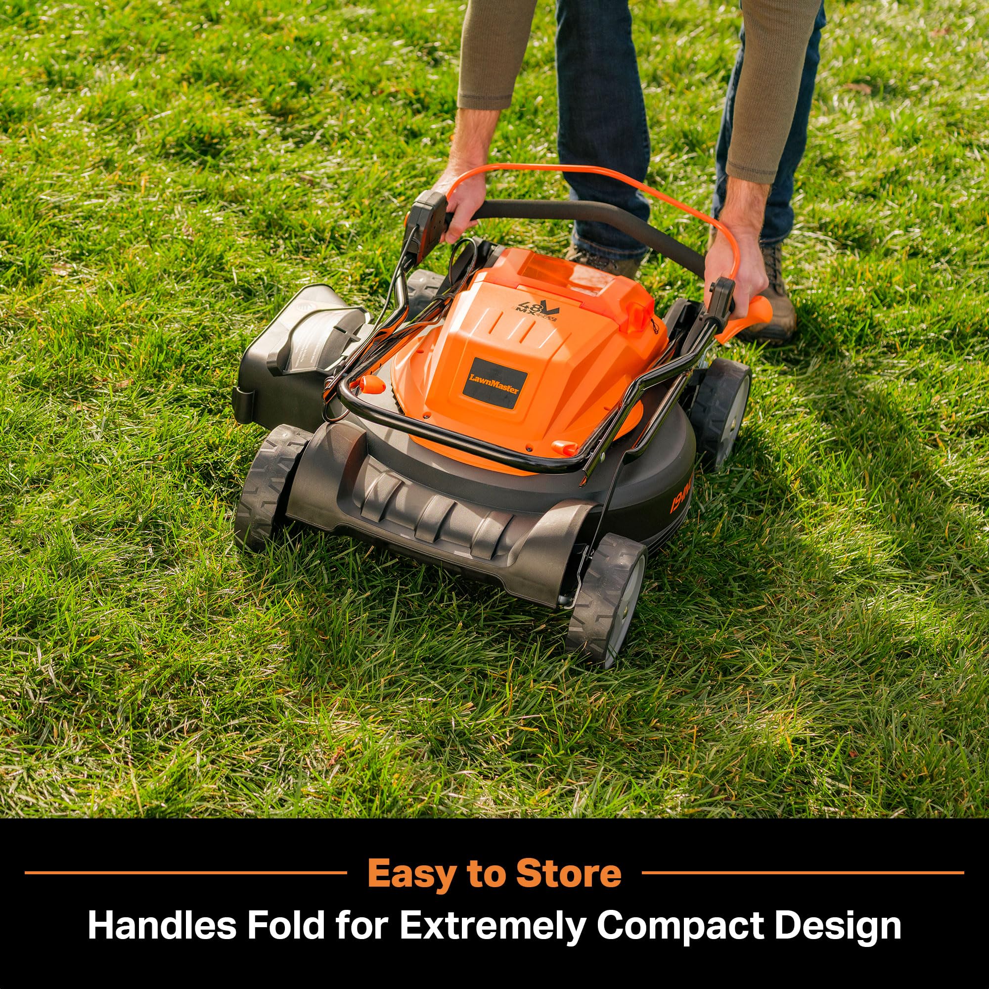 LawnMaster cutting height selector detail showing six-position adjustment benefit