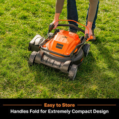 LawnMaster cutting height selector detail showing six-position adjustment benefit