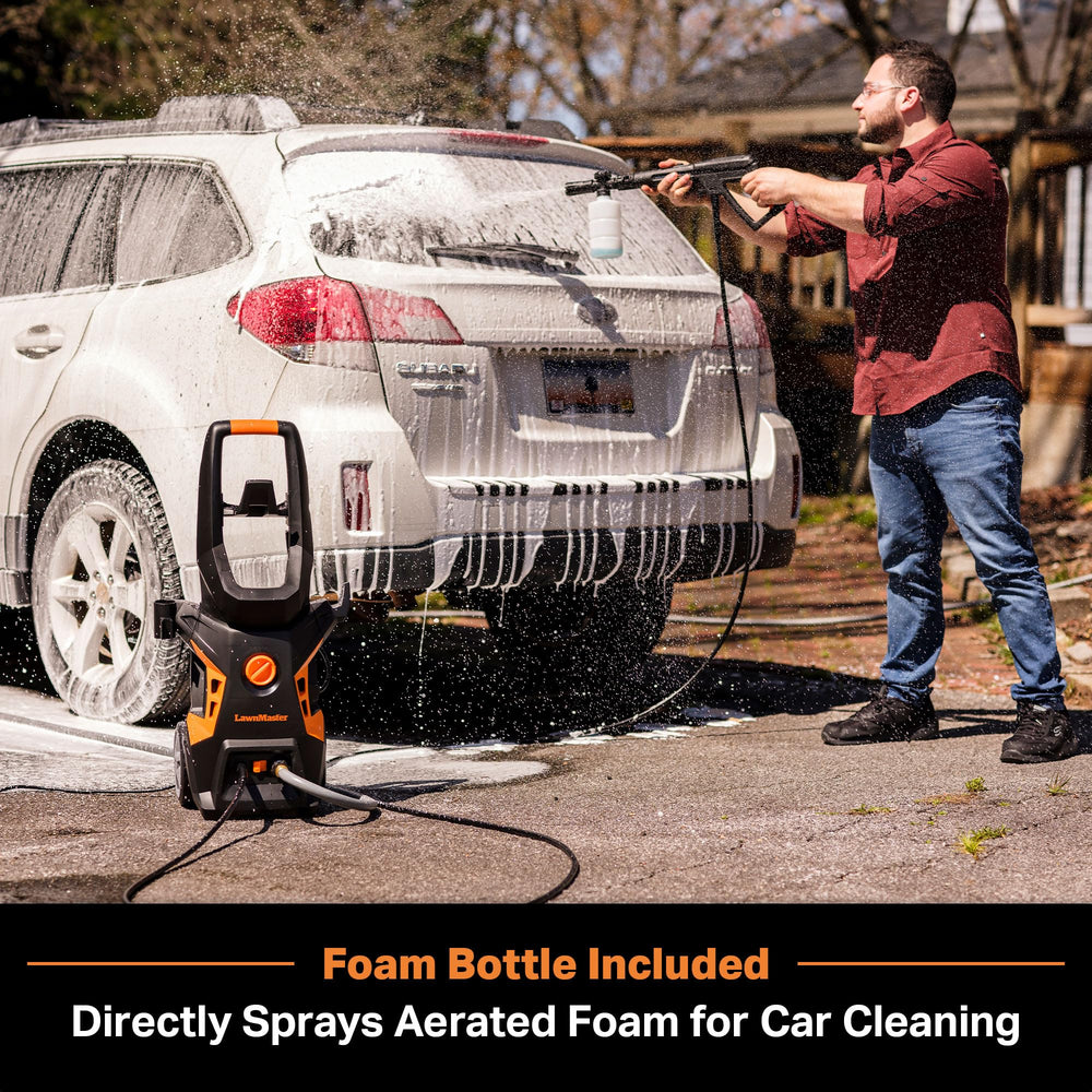 LawnMaster close-up of foam bottle and brush demonstrating effective detergent application