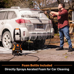 LawnMaster close-up of foam bottle and brush demonstrating effective detergent application