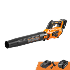 LawnMaster front view of cordless blower showing compact design and quick cleanup benefit