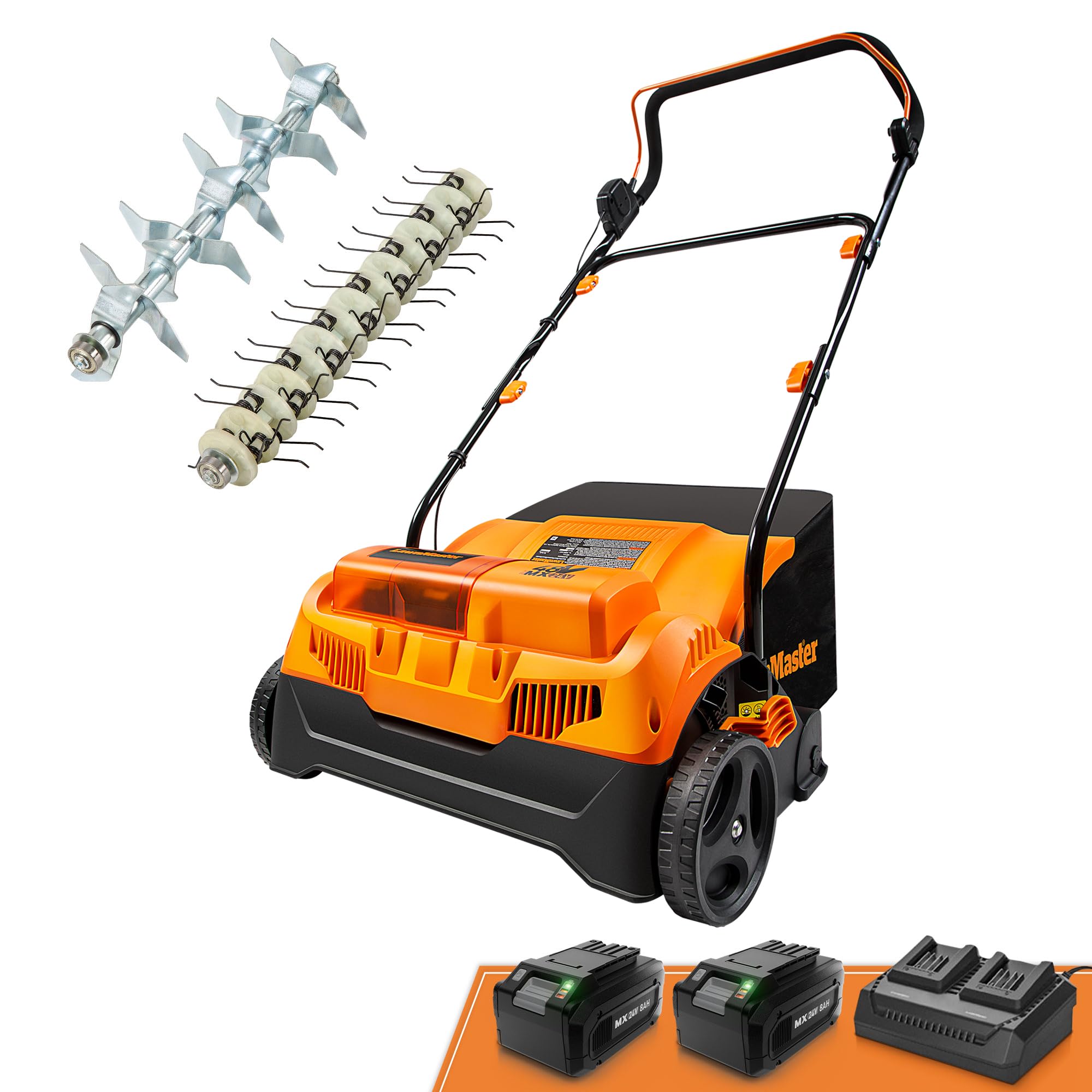 LawnMaster front view showing compact cordless dethatcher and quick-fold convenience