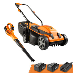 LawnMaster front view showing mower and blower for cordless convenience