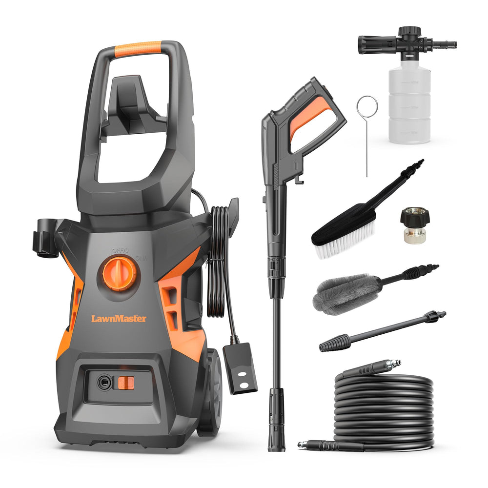 LawnMaster front view of pressure washer showing compact design and included accessories for convenience