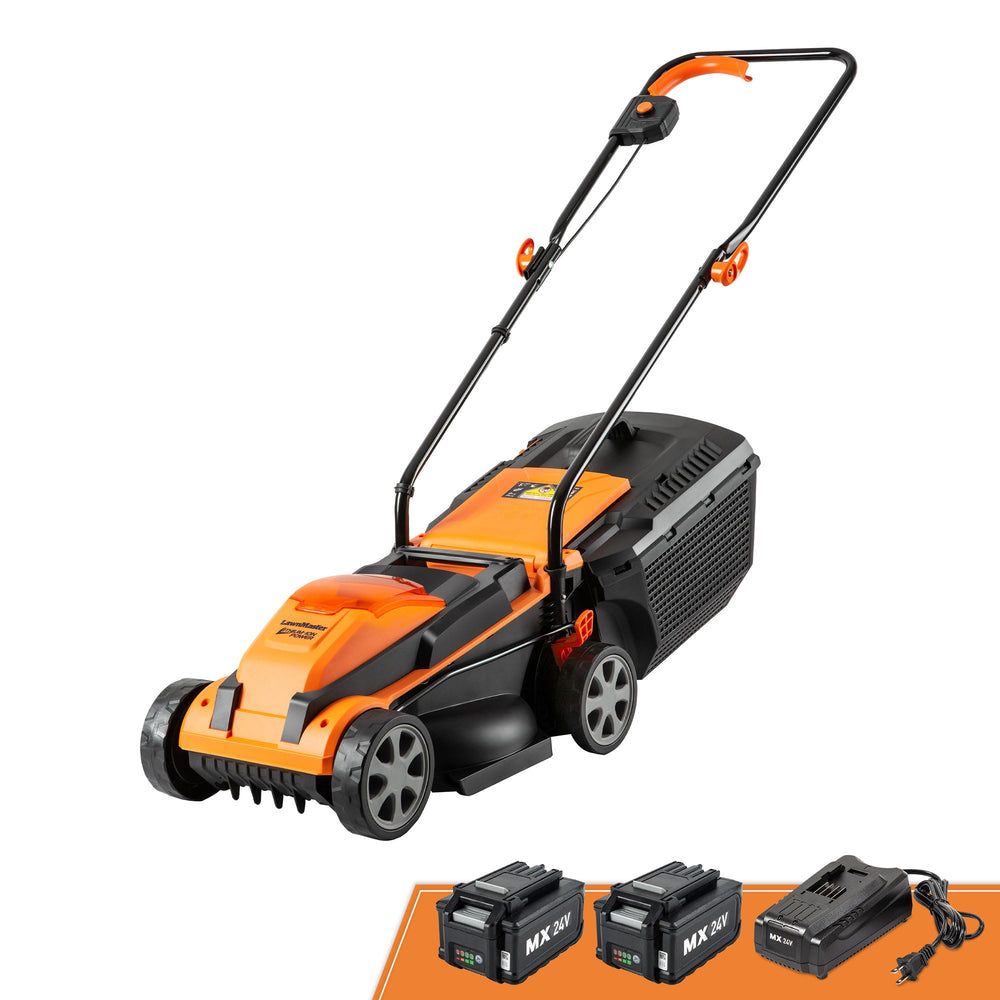 LawnMaster front view showing compact 13-inch deck and easy start controls for efficient mowing