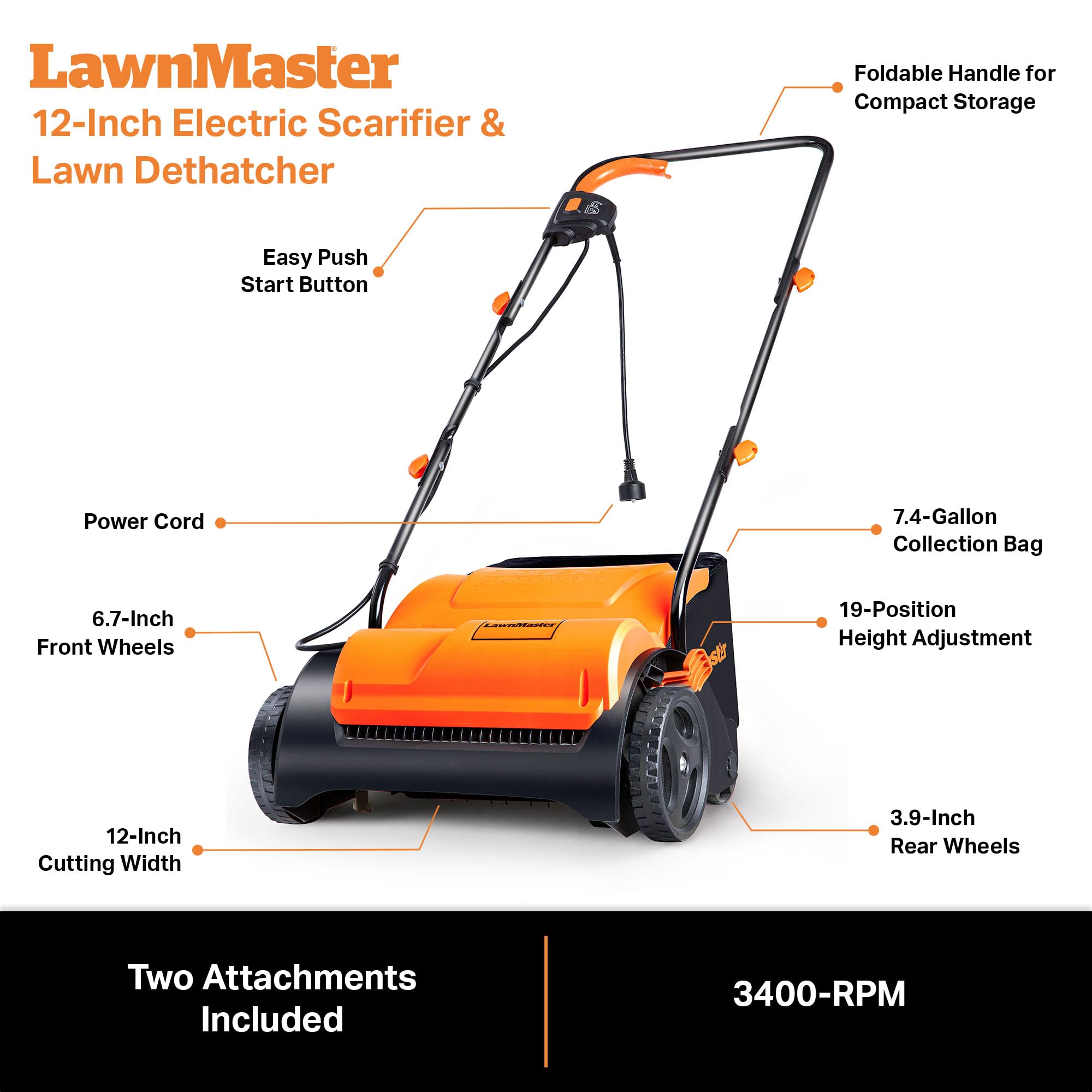 LawnMaster GV1212B size comparison with person showing manageable weight and scale