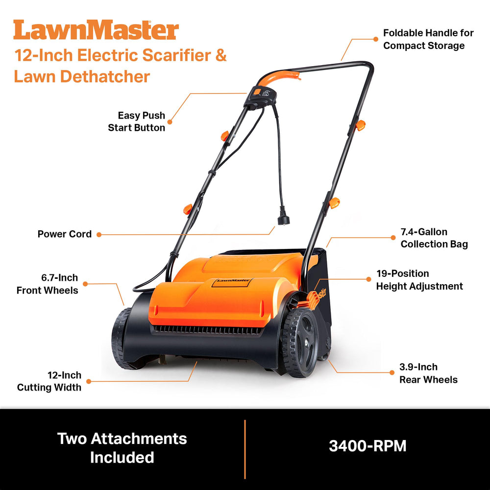 LawnMaster GV1212B size comparison with person showing manageable weight and scale
