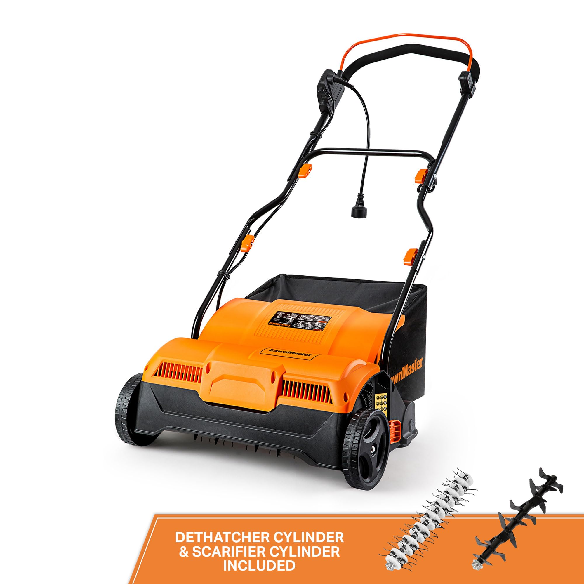 LawnMaster packaged attachments including dethatcher and scarifier for versatility