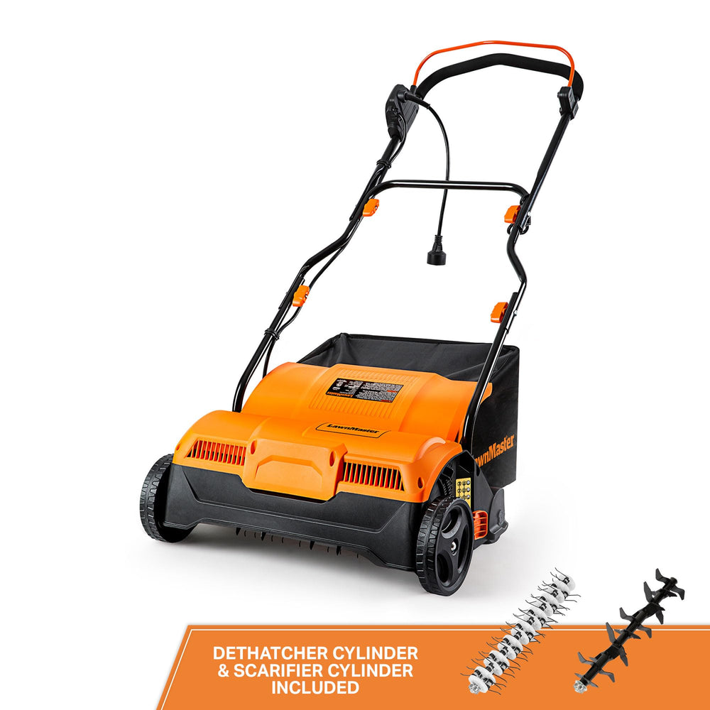 LawnMaster packaged attachments including dethatcher and scarifier for versatility