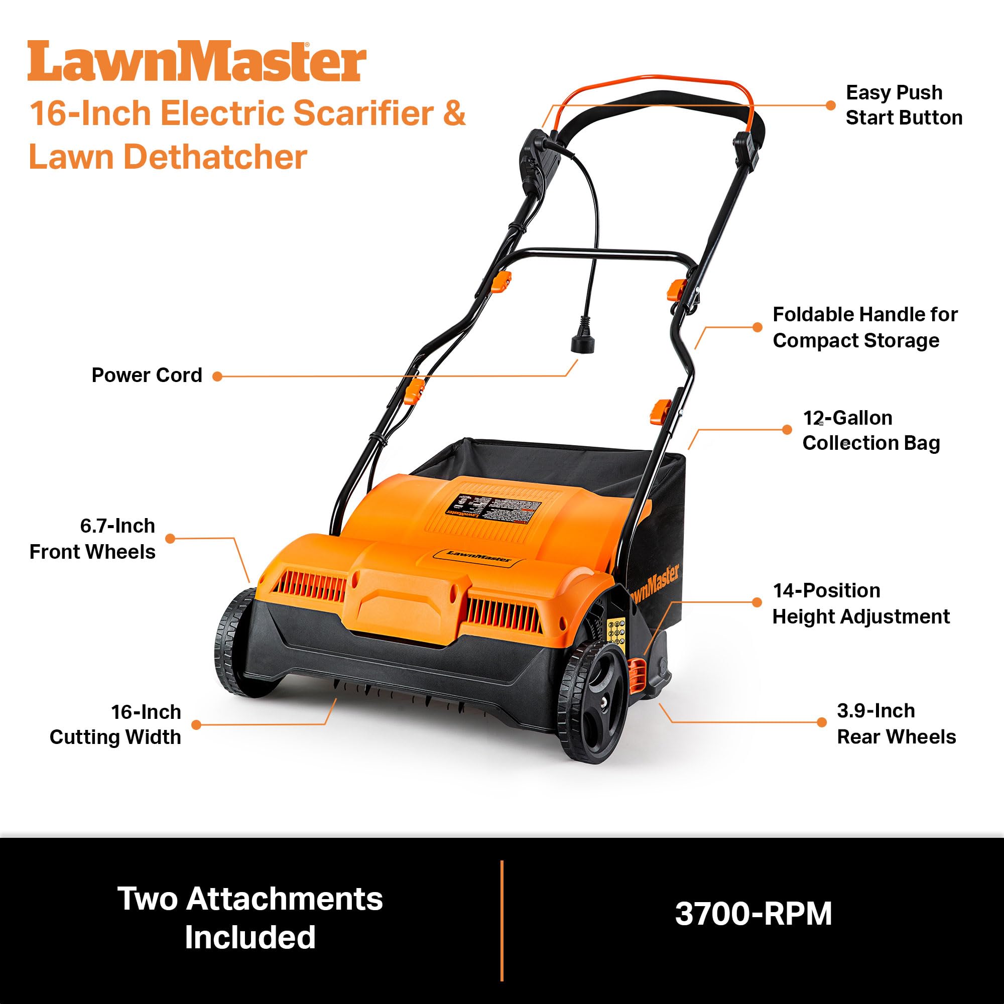 LawnMaster next to measuring tape illustrating 16-inch working width