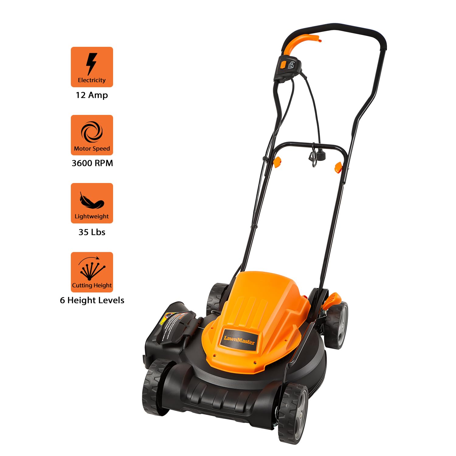 LawnMaster folded handle for compact storage and easier garage placement benefit