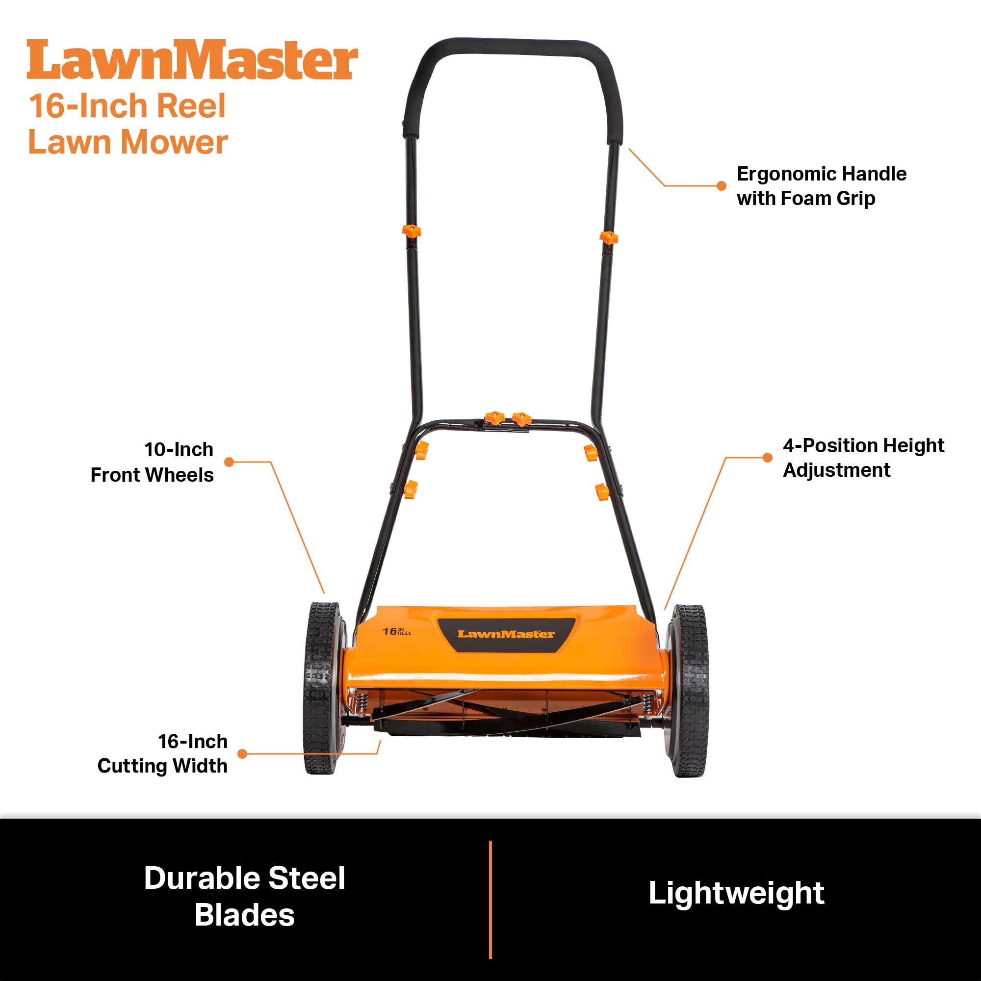 LawnMaster in-use in garden demonstrating quiet eco-friendly mowing benefit