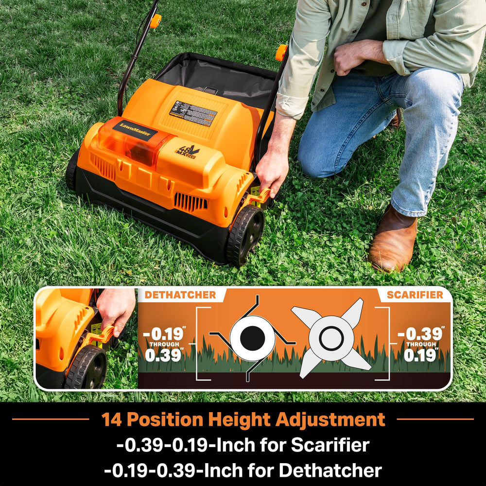 LawnMaster dethatcher in use on grass delivering visible thatch removal