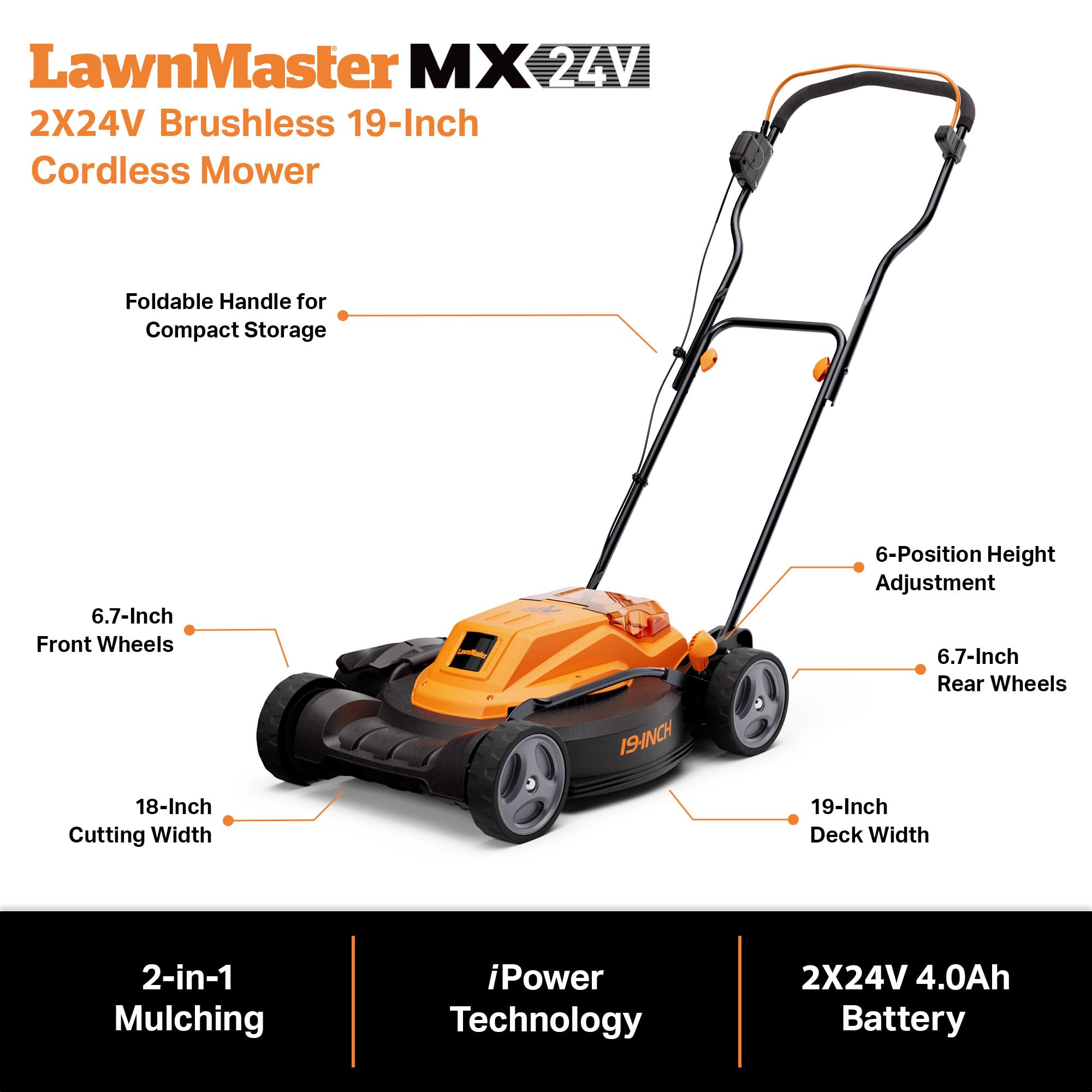 LawnMaster mower in use on a suburban lawn showing quiet cordless convenience