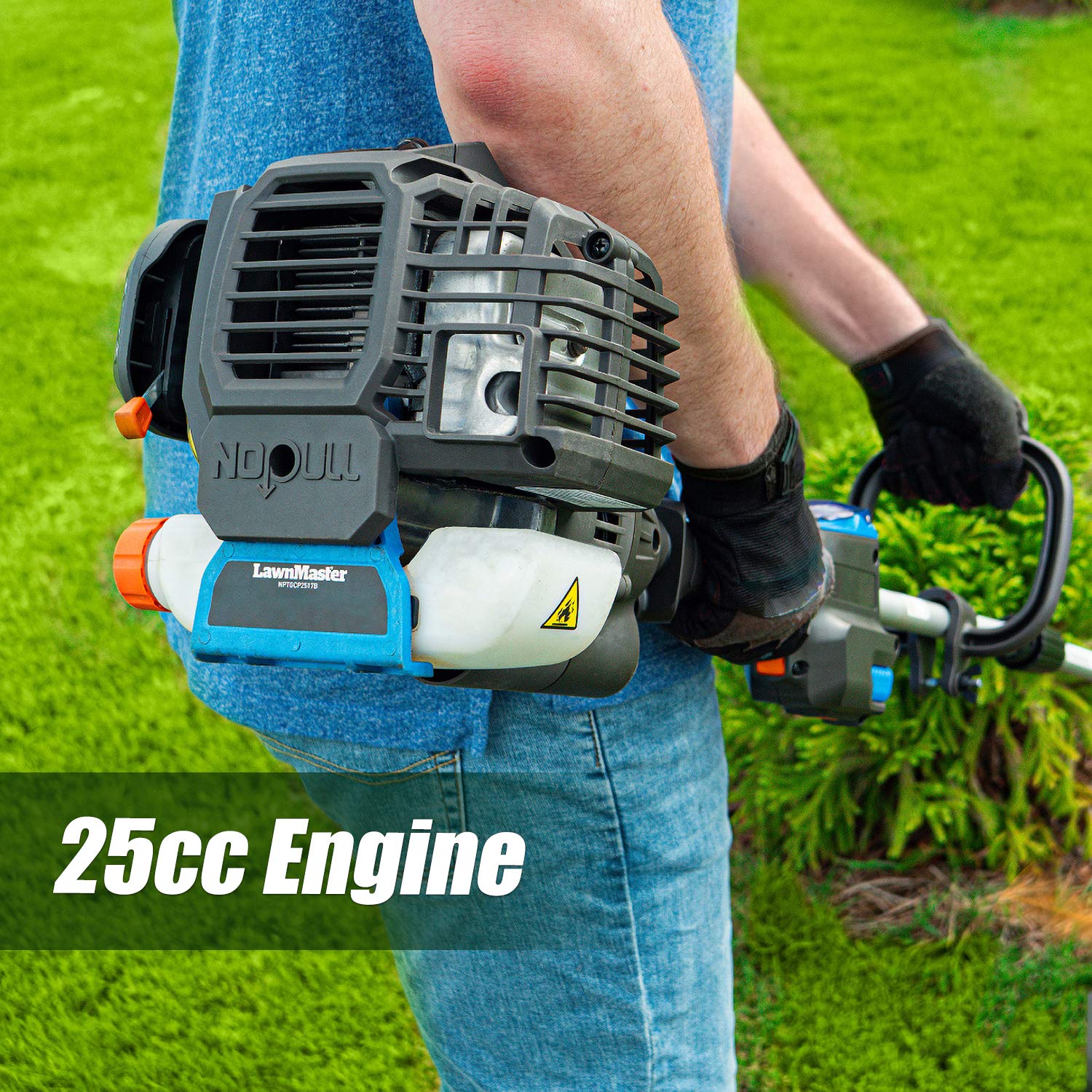 LawnMaster in action trimming grass along a fence line for neat edges