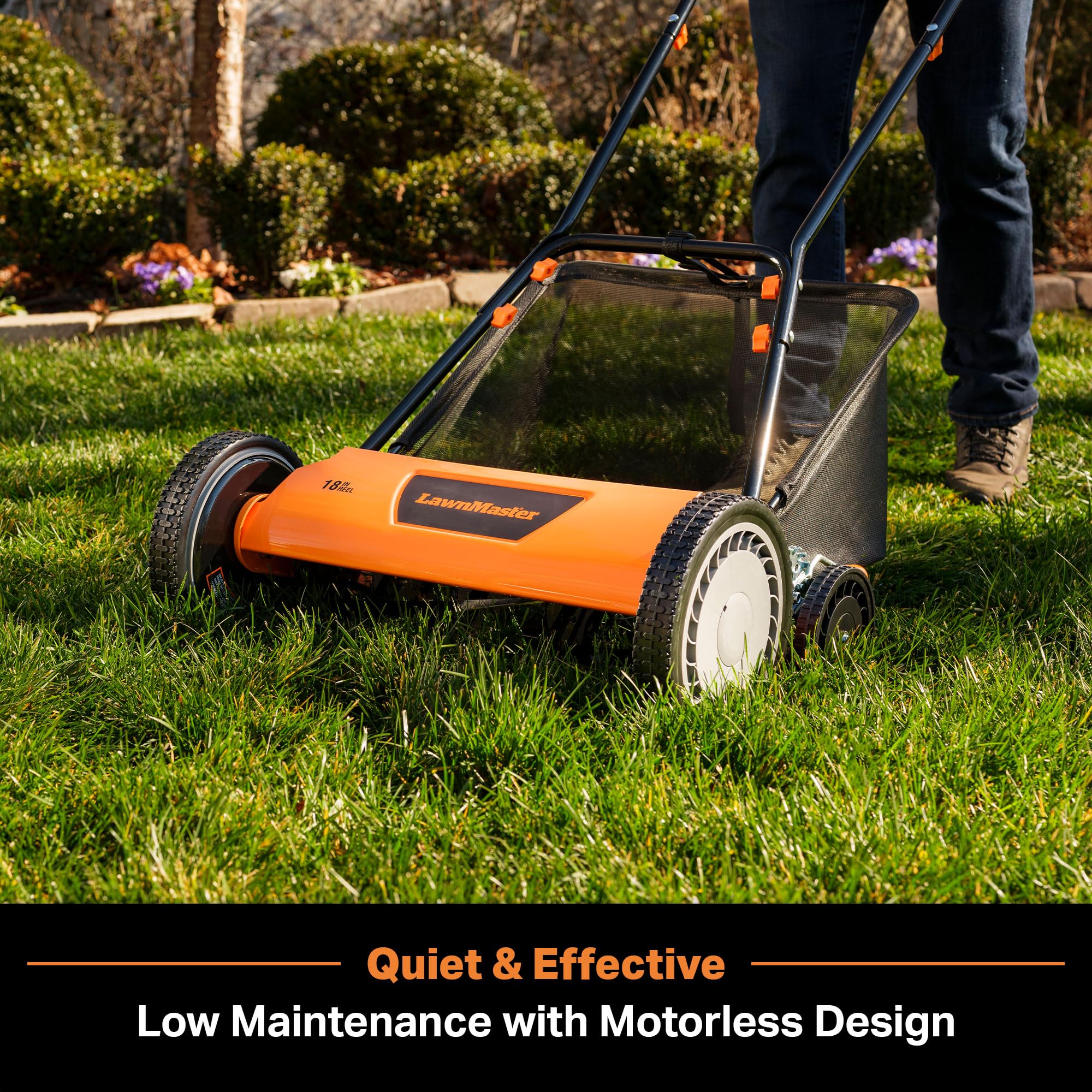 LawnMaster mower in use on lawn showing quiet, gas-free operation