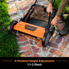 LawnMaster wheels and deck view highlighting easy maneuverability benefit