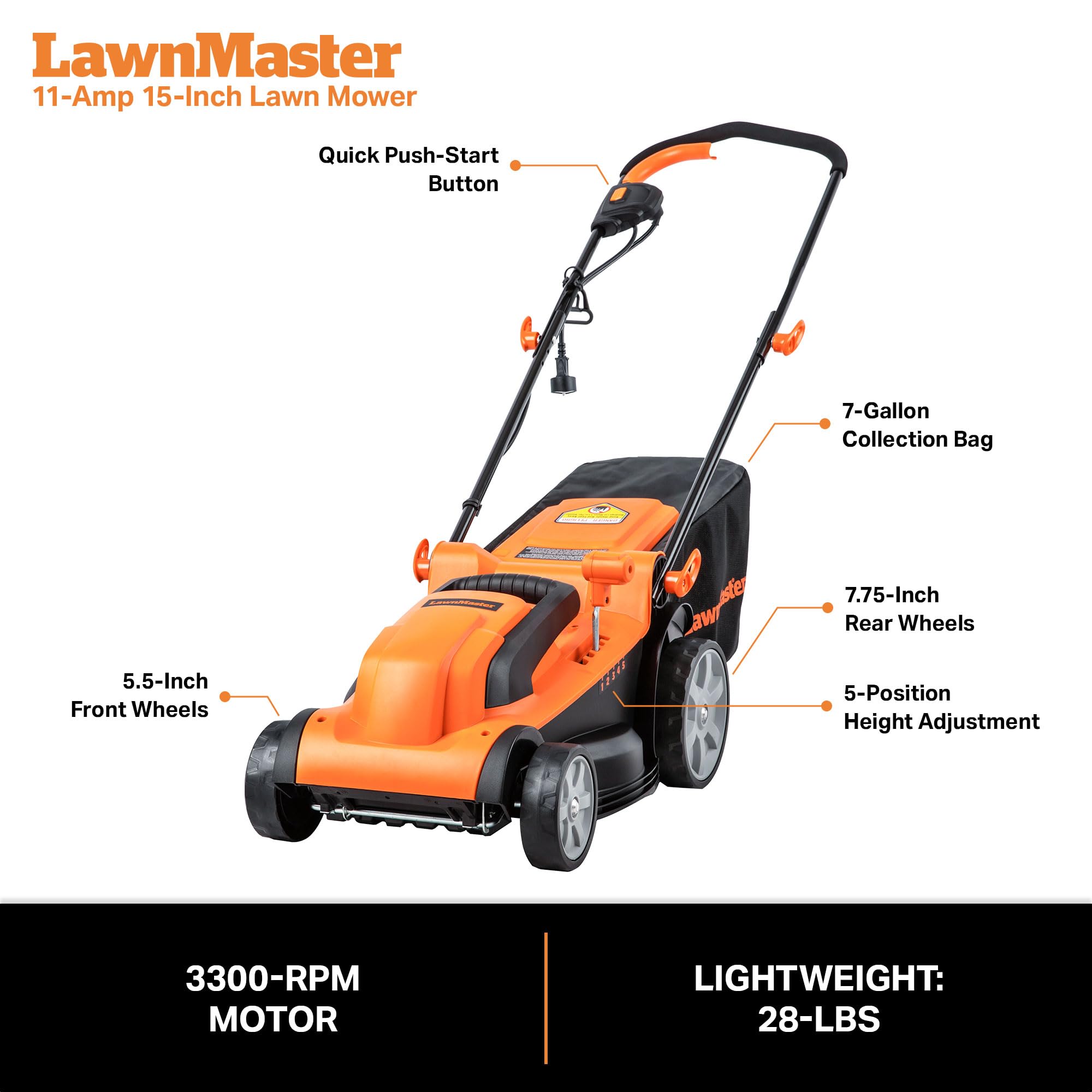 LawnMaster folded handles for compact storage in garage or shed
