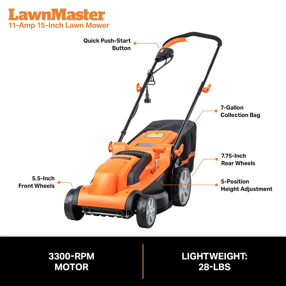 LawnMaster folded handles for compact storage in garage or shed