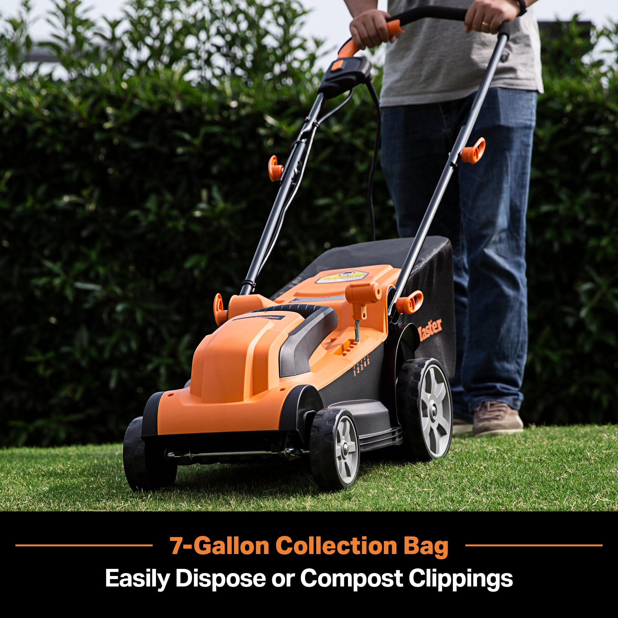 LawnMaster side profile highlighting 14-inch deck for efficient mowing