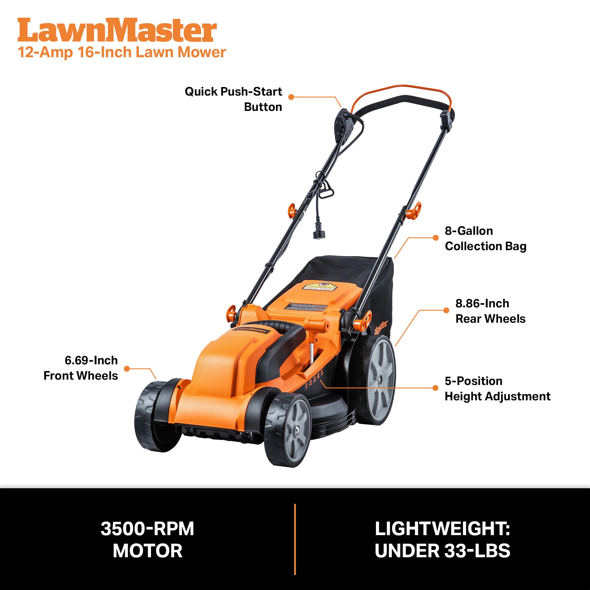 LawnMaster cutting deck detail showing 16-inch blade for even cuts