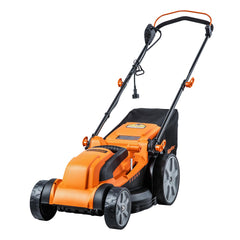 LawnMaster front view showing compact deck and corded power benefit