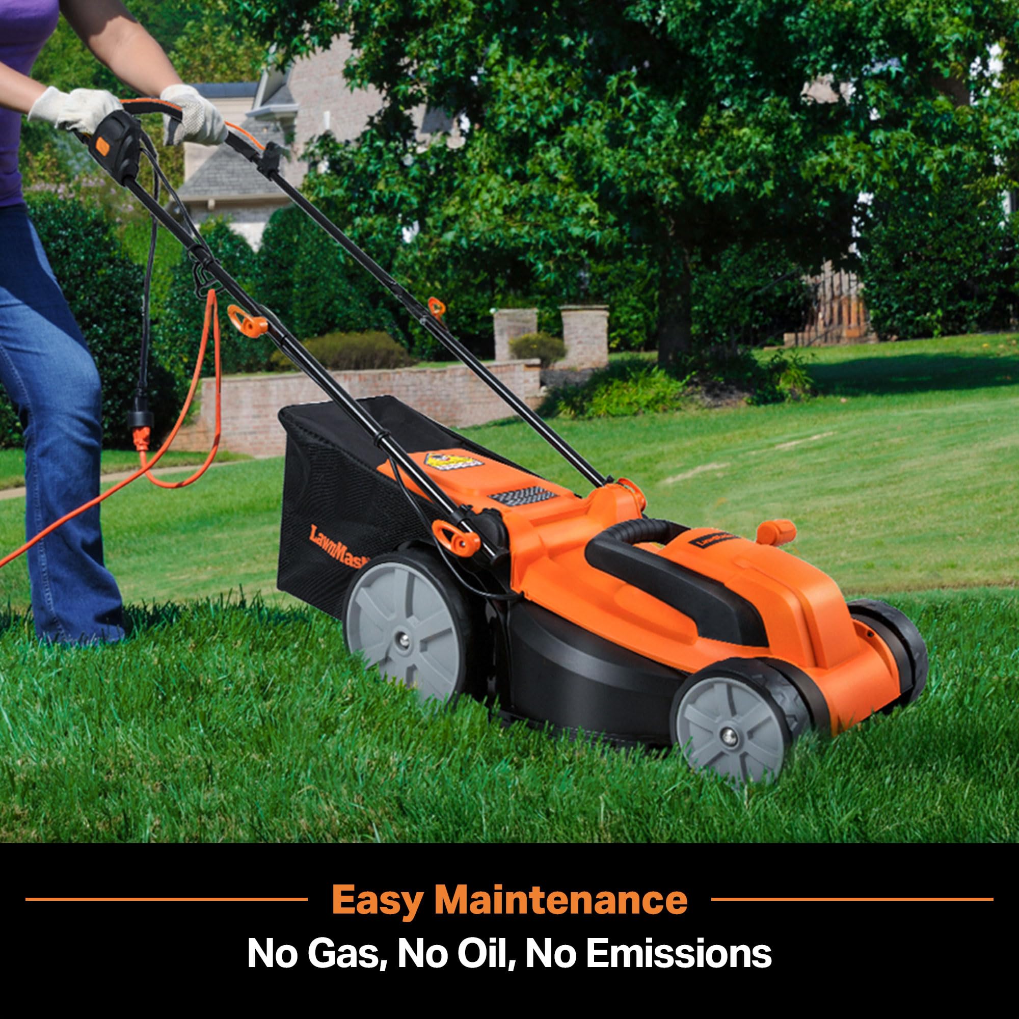 LawnMaster rear with 8-gallon bag collecting clippings for cleaner lawn