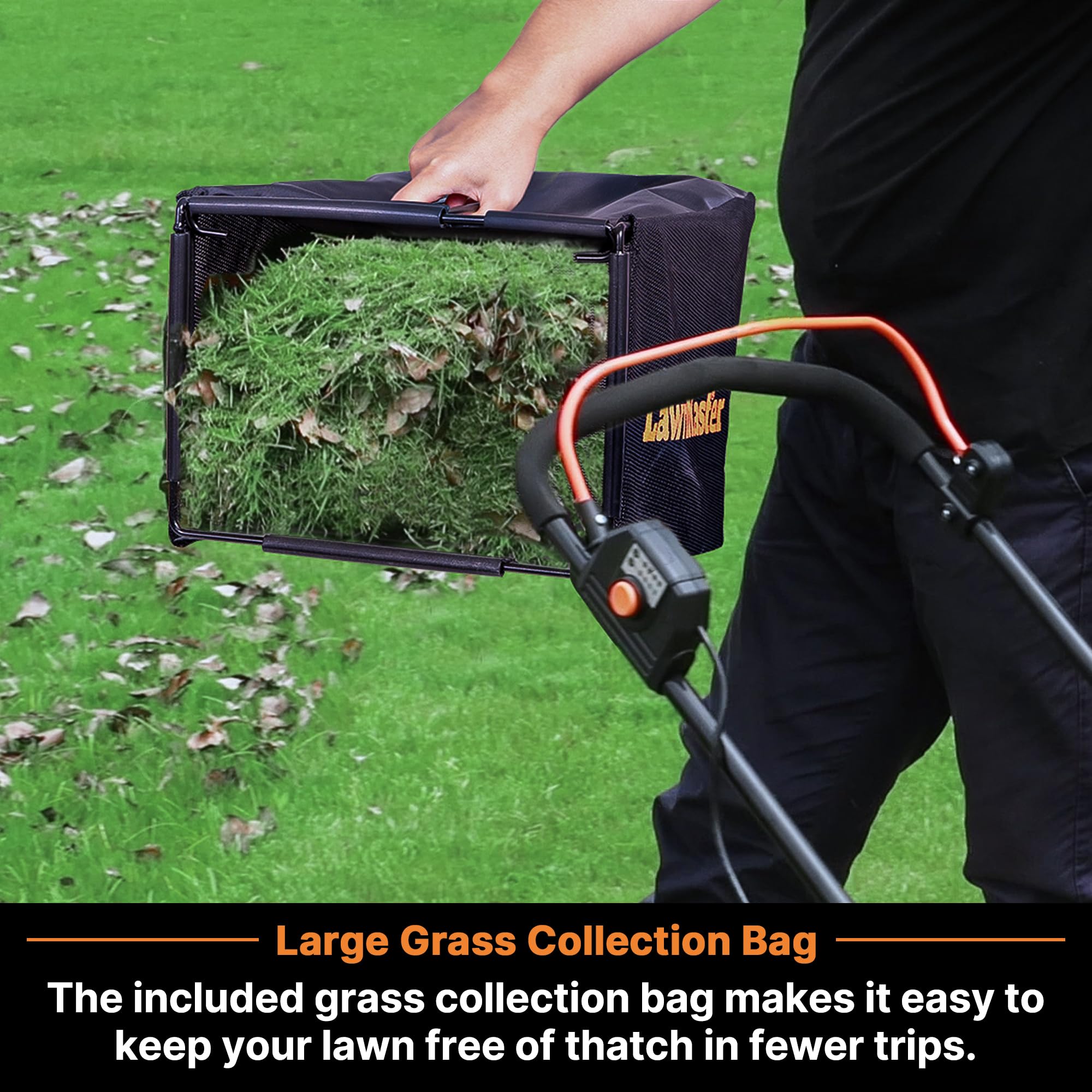 LawnMaster stored in garage showcasing compact folded footprint