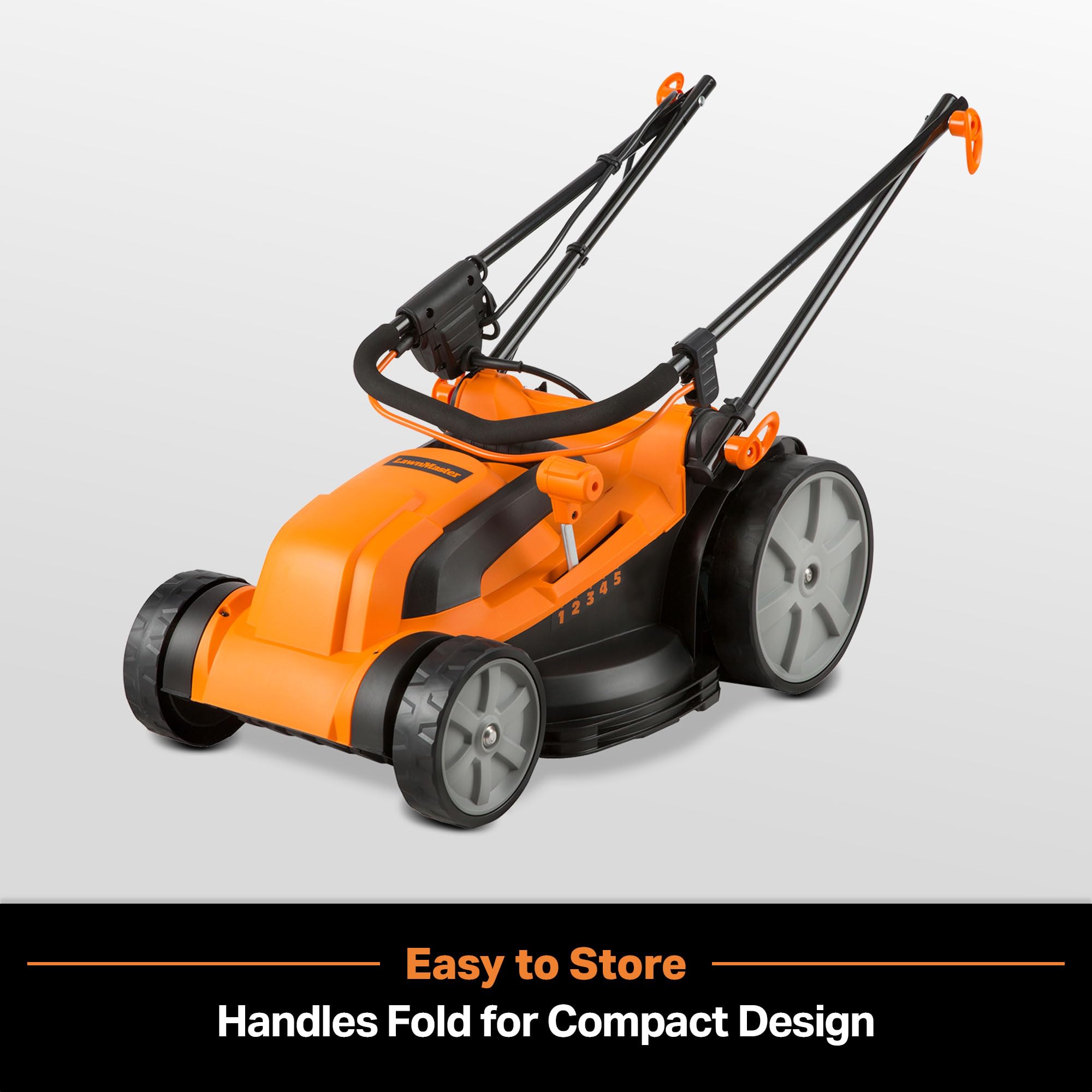 LawnMaster large rear wheel close-up improving maneuverability and control