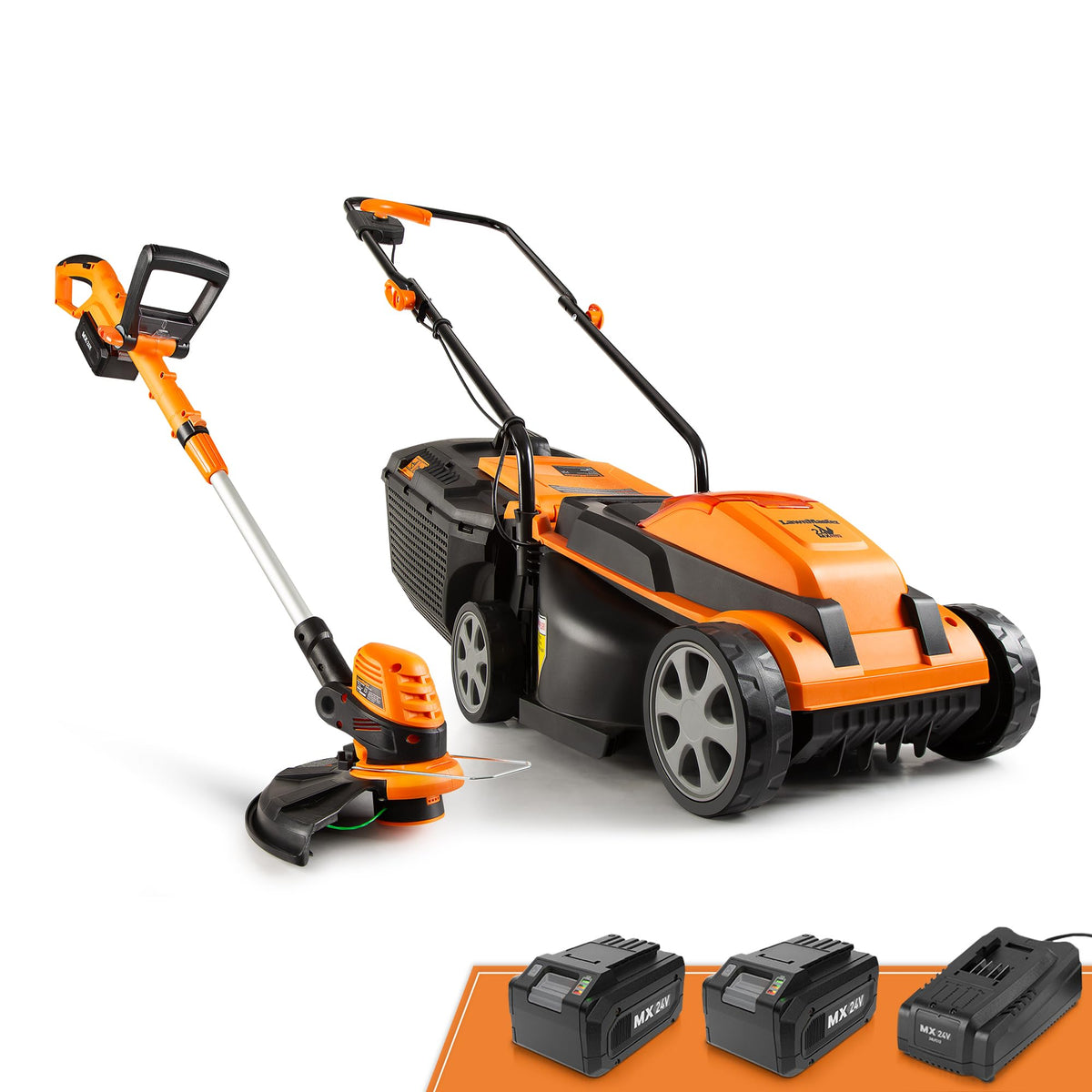 LawnMaster mower front view showing compact deck and easy maneuvering