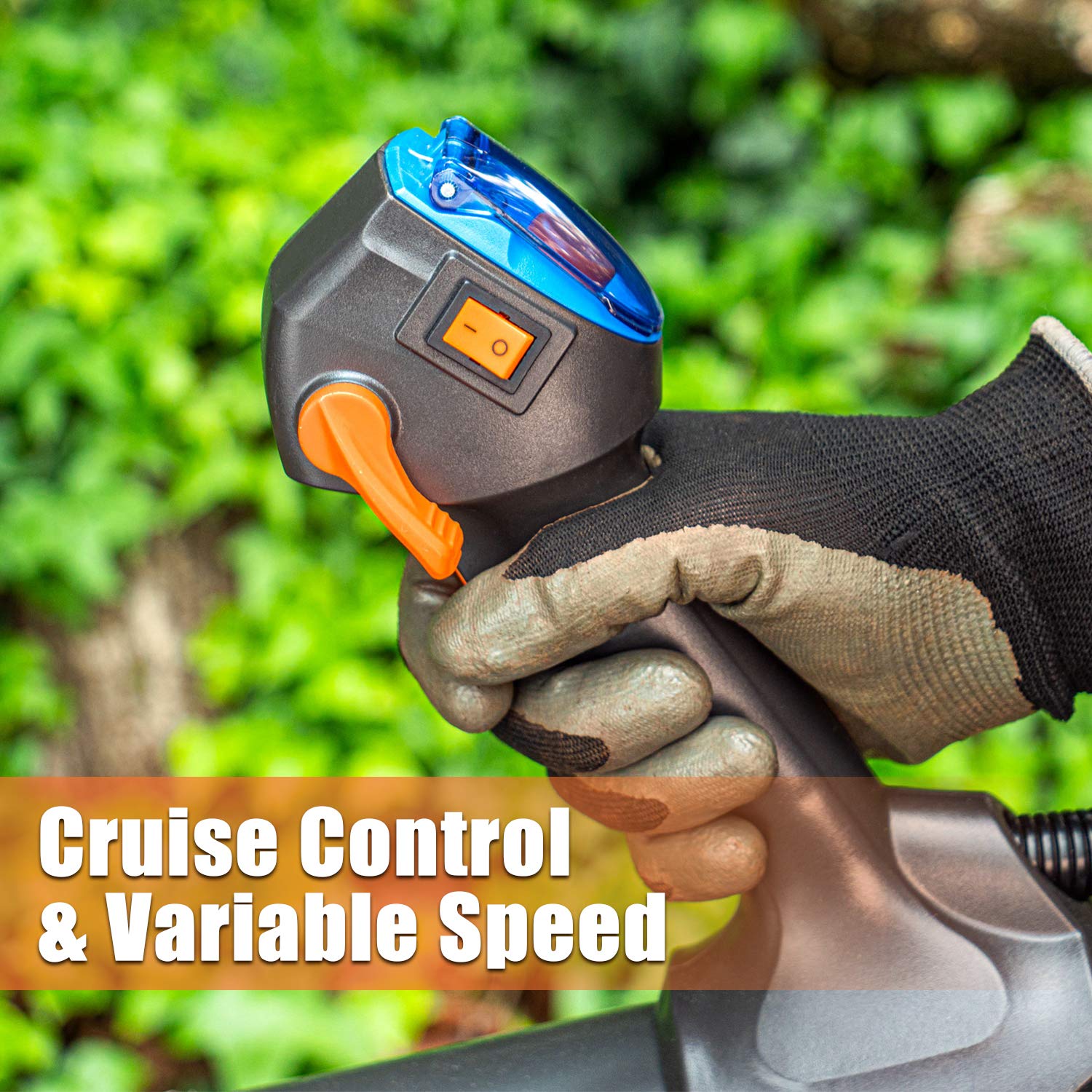 LawnMaster rechargeable battery pack showing no-pull starts and convenience