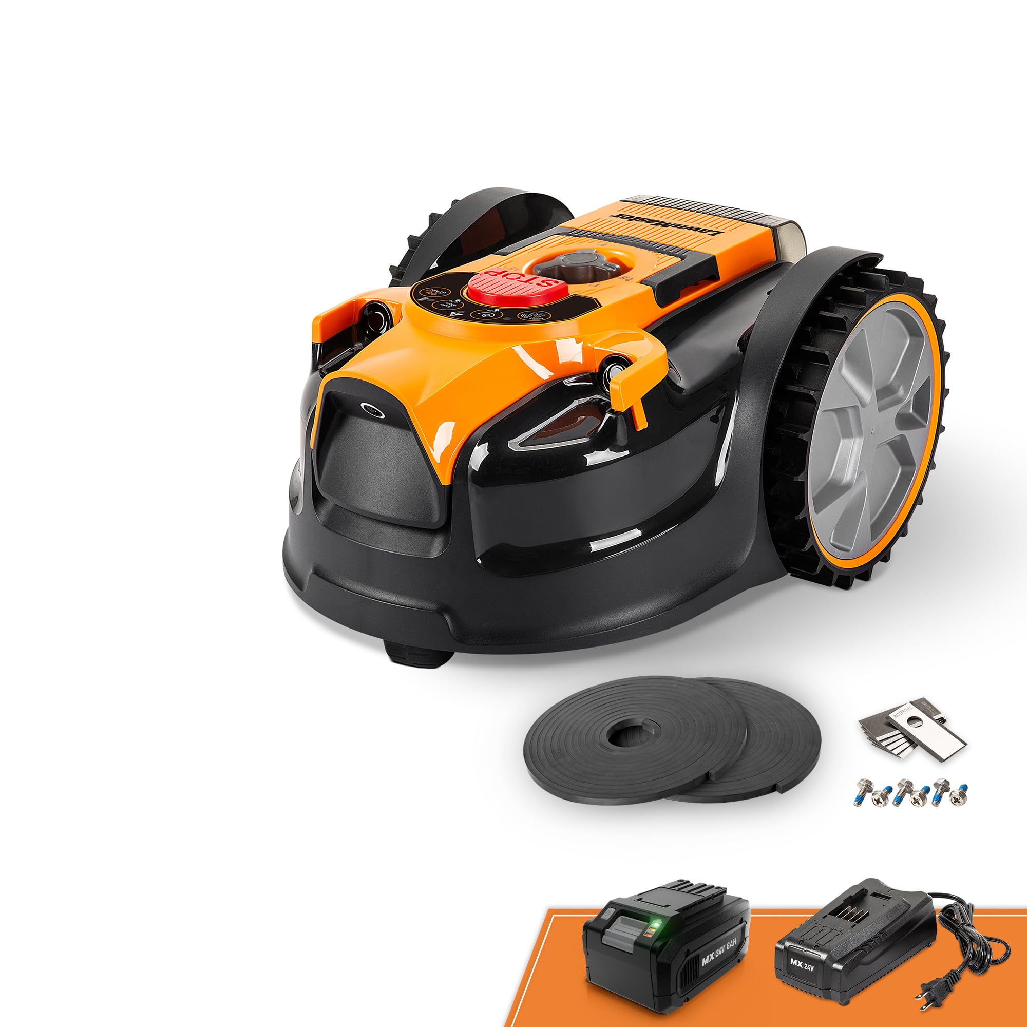 LawnMaster OcuMow front view showing compact design and low-noise benefit