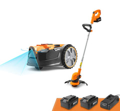 LawnMaster mower front view showing compact body and ease of placement