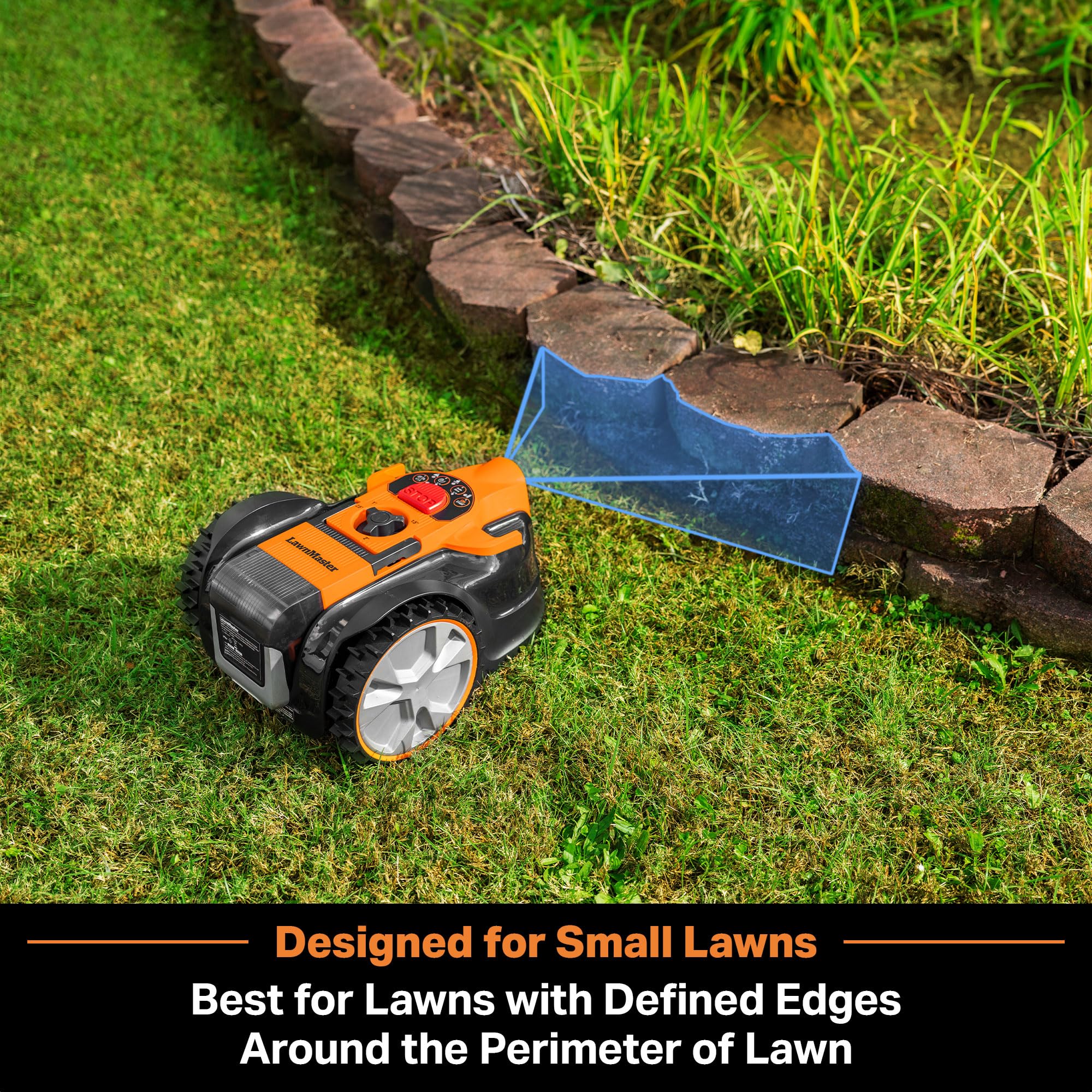 LawnMaster OcuMow cutting a suburban lawn, automated mowing convenience