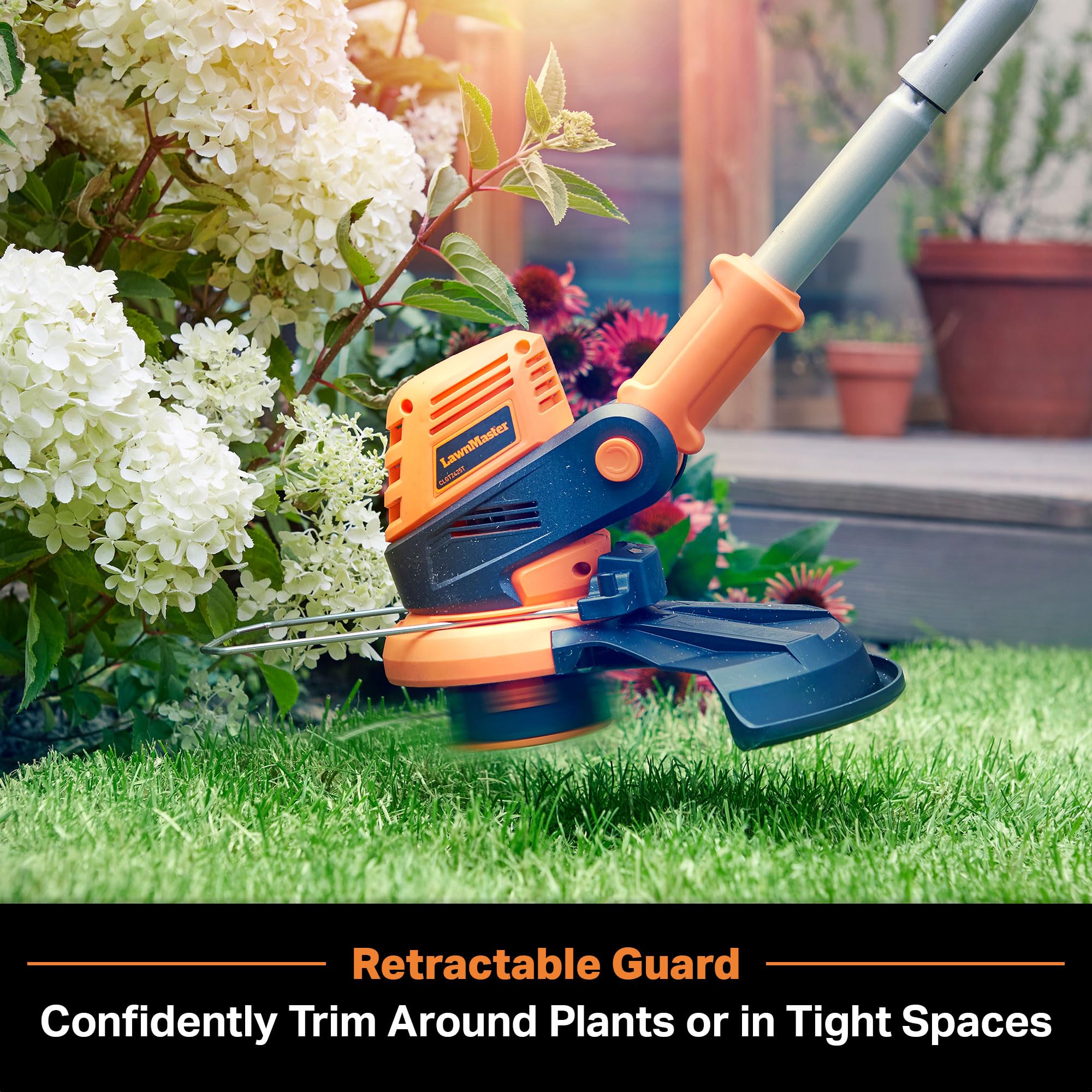 LawnMaster mower cutting grass on yard showing efficient coverage benefit