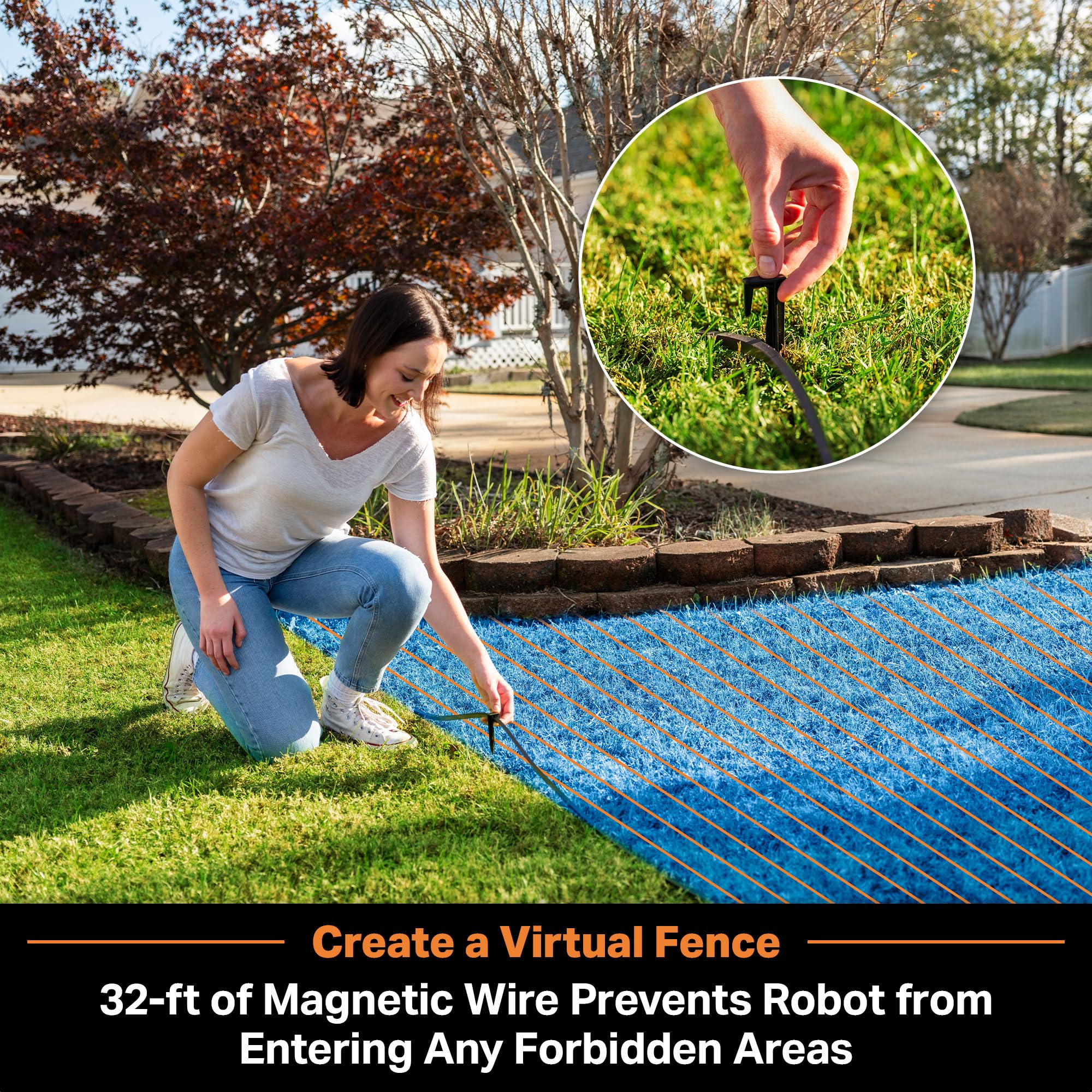 LawnMaster magnetic strip laid on grass to create no-go zones quickly