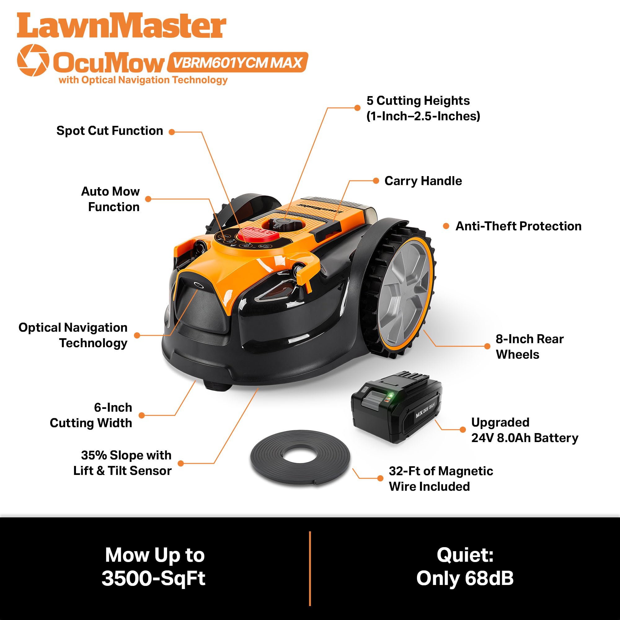 LawnMaster OcuMow near patio, quiet operation suitable for neighbors