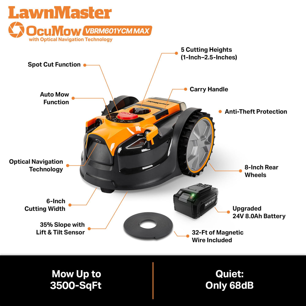 LawnMaster OcuMow near patio, quiet operation suitable for neighbors