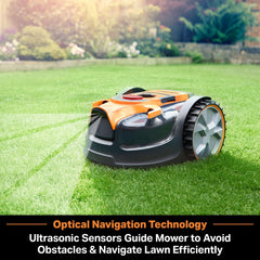 LawnMaster OcuMow deep tread wheel close-up for better slope traction