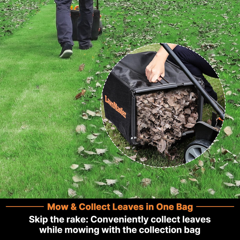 LawnMaster rear wheels and height adjust lever showing five cutting-height options for versatility
