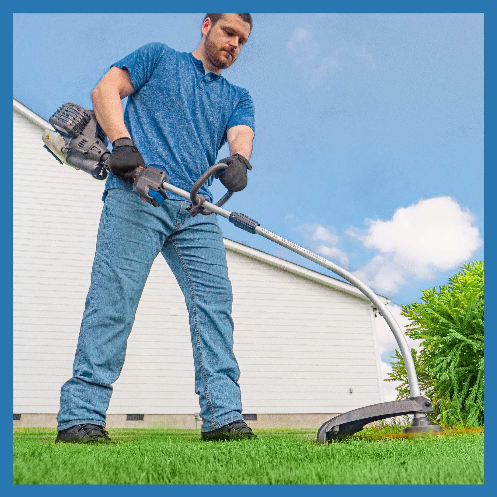 LawnMaster held in hand for scale, demonstrating lightweight maneuverability