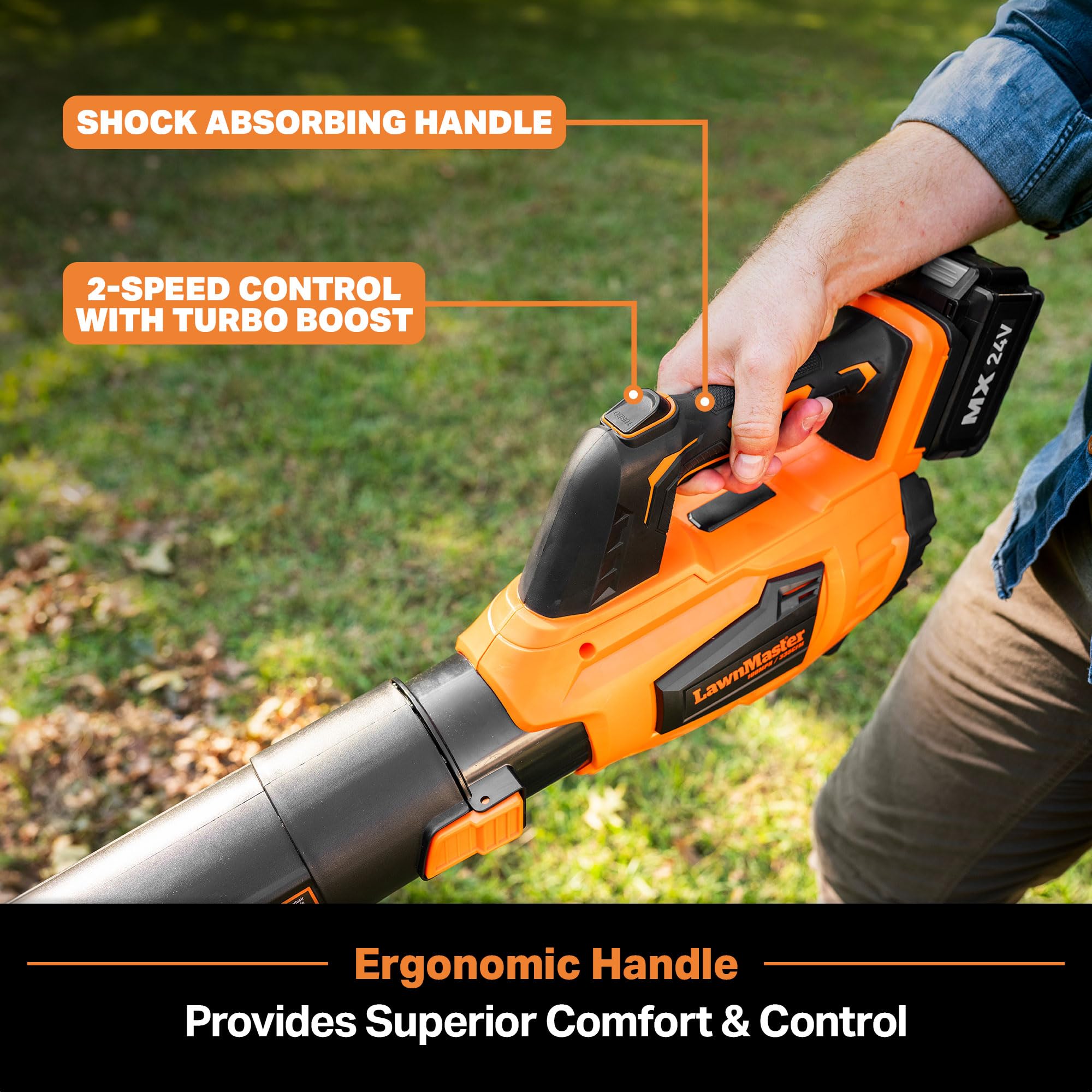 LawnMaster ergonomic handle and controls for comfortable extended use benefit