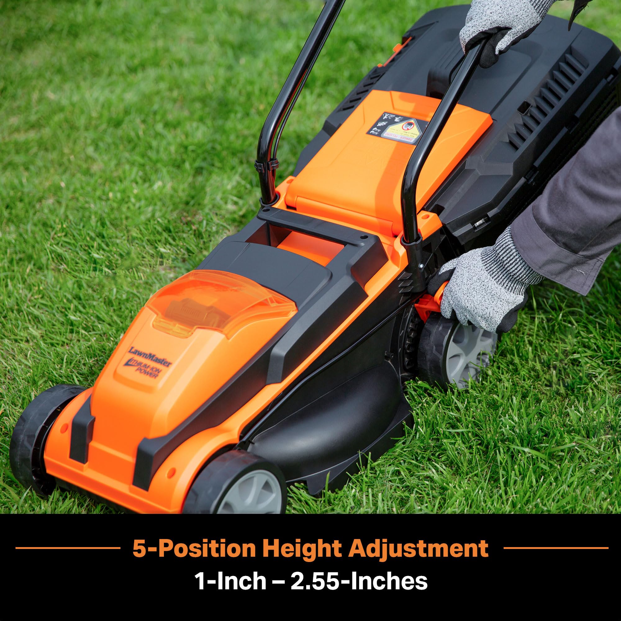 LawnMaster side profile highlighting lightweight frame and 5.51-inch wheels for better maneuverability
