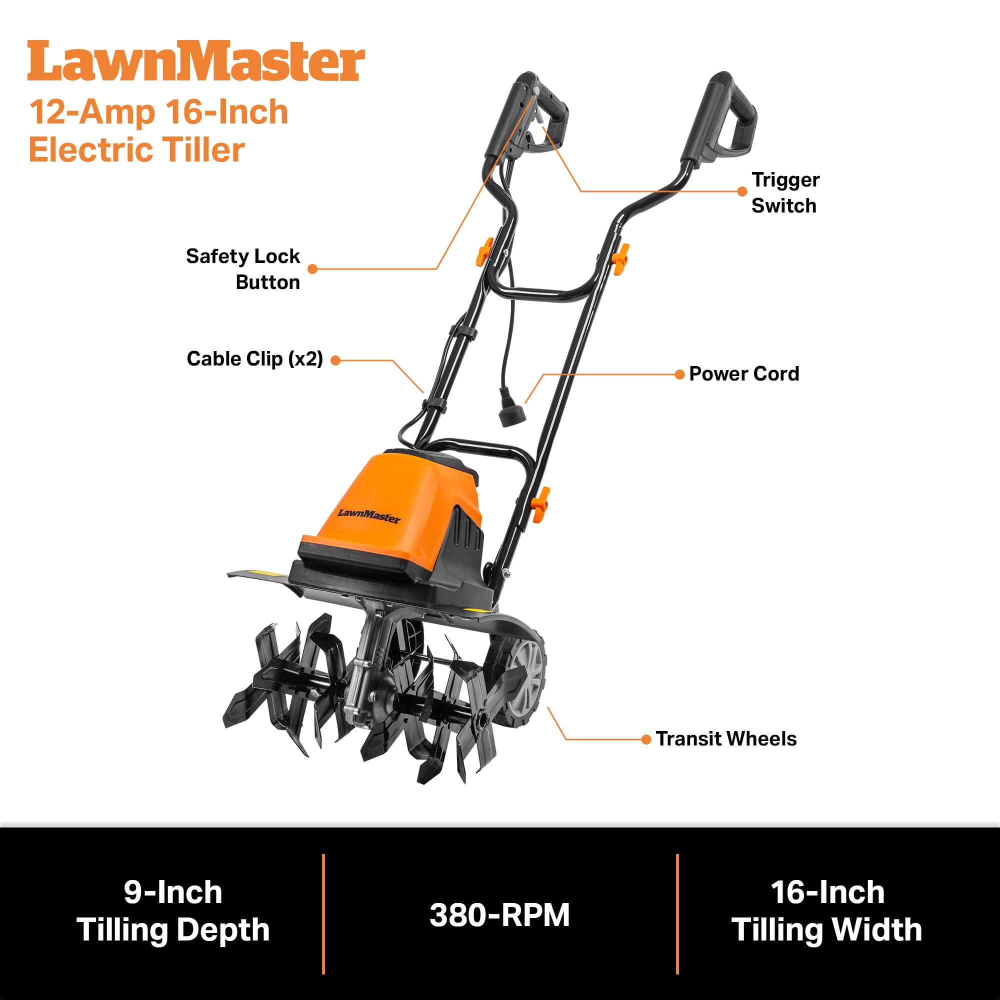 LawnMaster next to a person for scale showing compact, easy-storage benefit