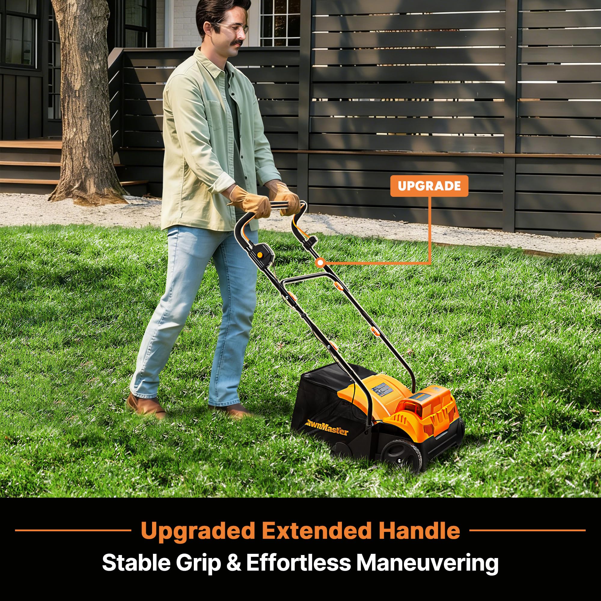 LawnMaster beside boot for scale illustrating the 16-inch working width