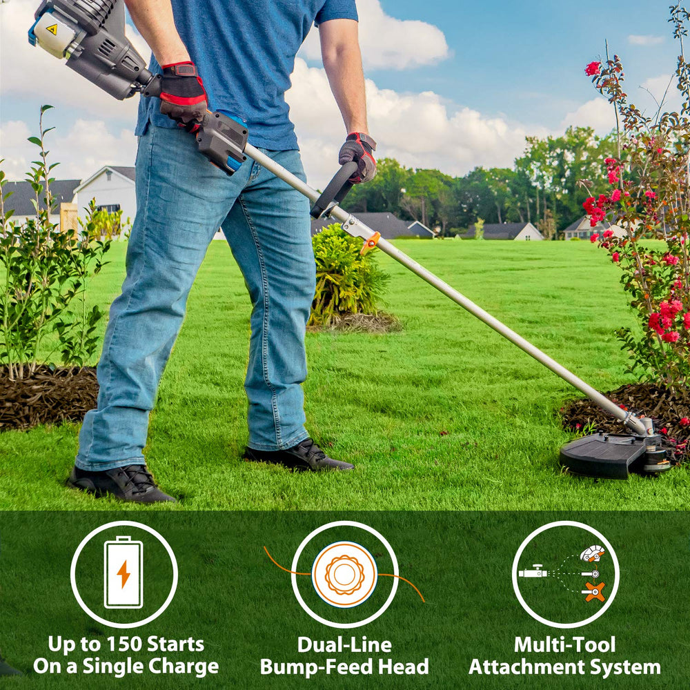 LawnMaster beside measuring tape showing compact 17-inch cutting swath