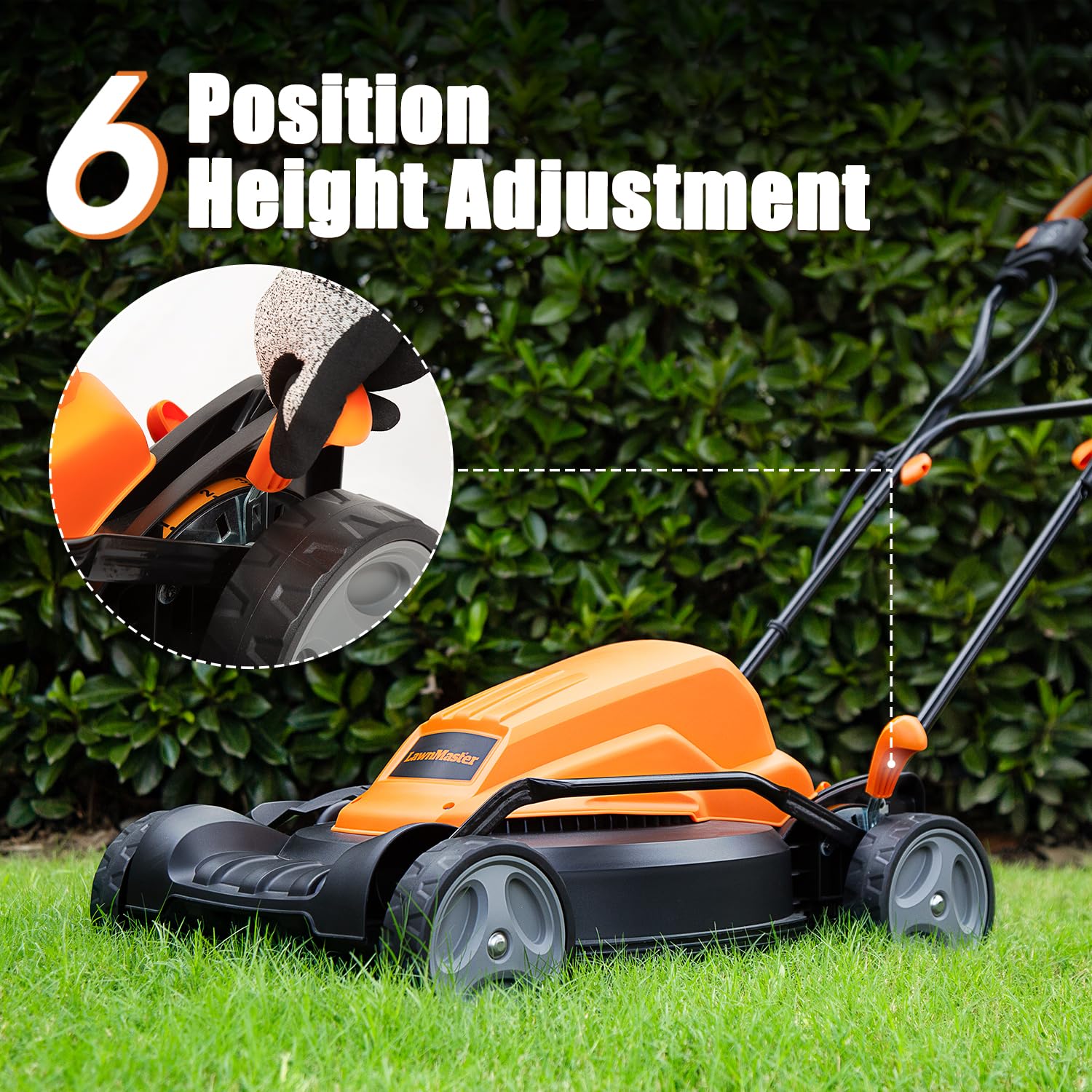 LawnMaster wheel detail showing 6.7-inch wheels for improved maneuverability benefit