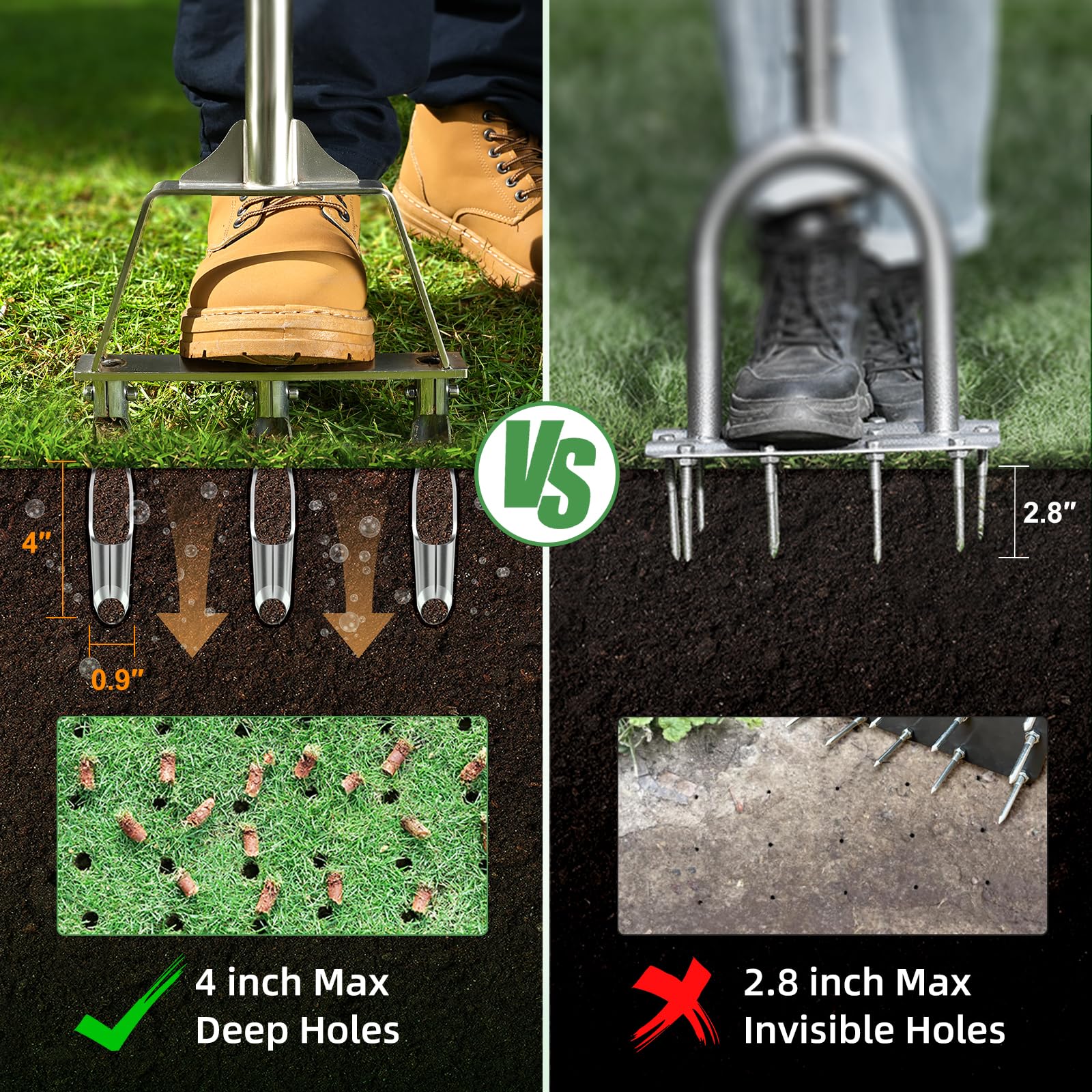 LawnVigor hollow tines detail showing heat-treated metal for easy soil penetration