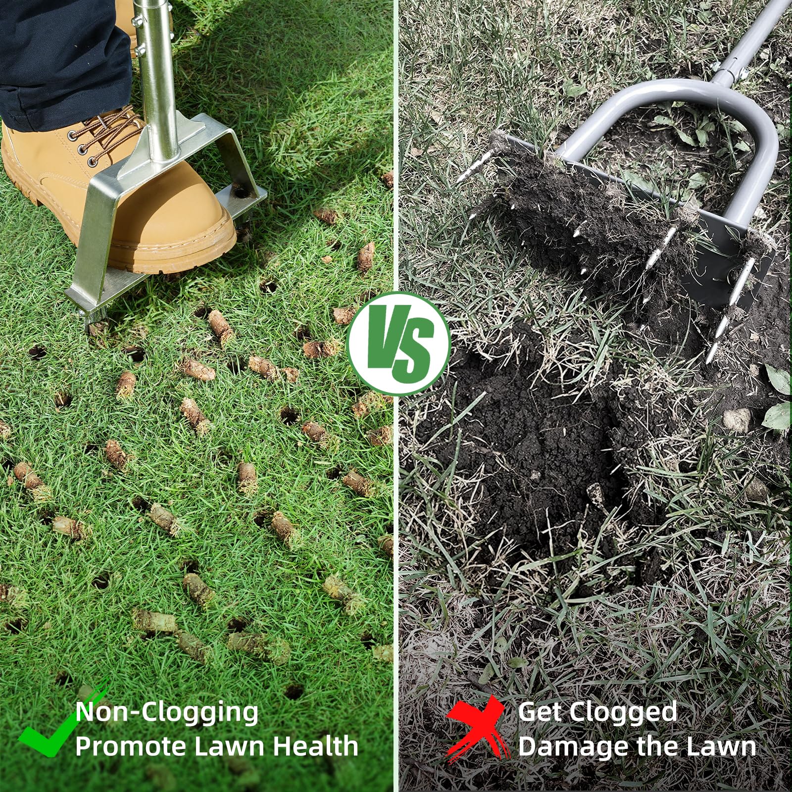 LawnVigor aerator in use on lawn creating holes to boost water absorption